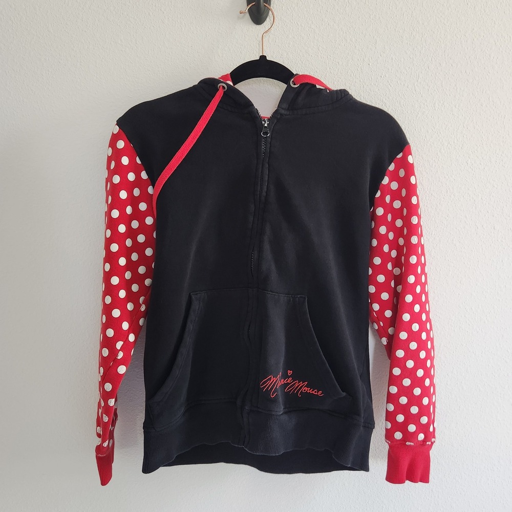 Disney Parks Minnie Mouse Polka Dot Hoodie Zip Up Black Red Women's S